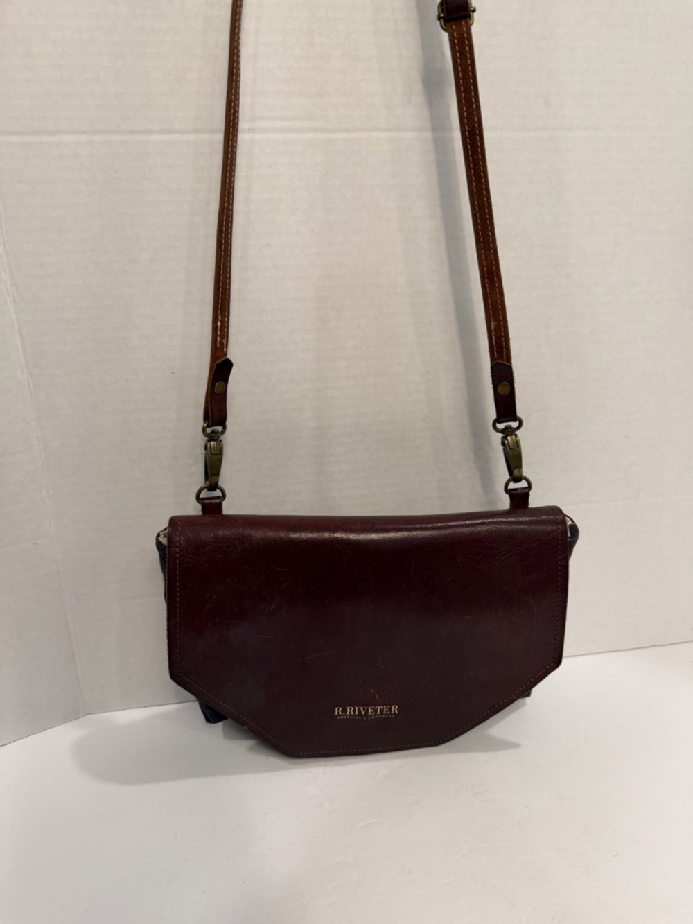 R. Riveter Brown Leather with Black Canvas Crossbody Purse Bag USA 7"x10"